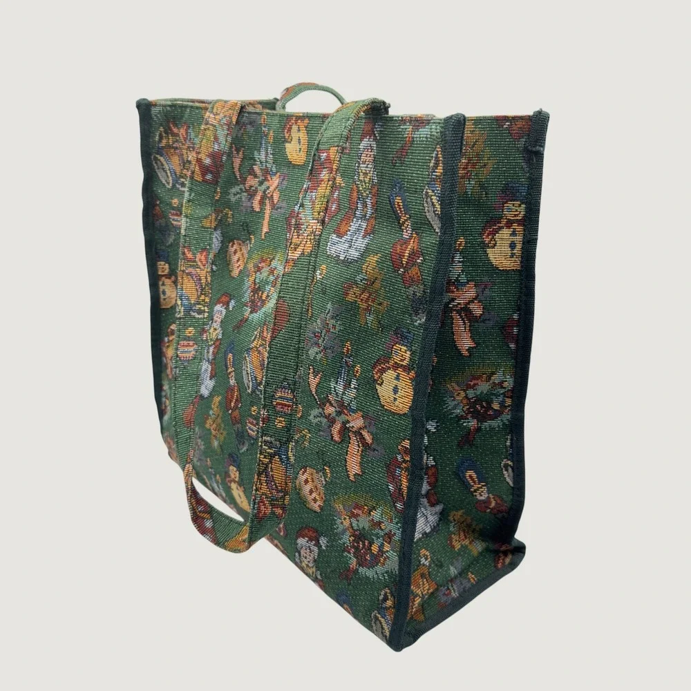 Pioneer Express Christmas Tote Bag Green Tapestry Snowman Nutcracker Vintage L